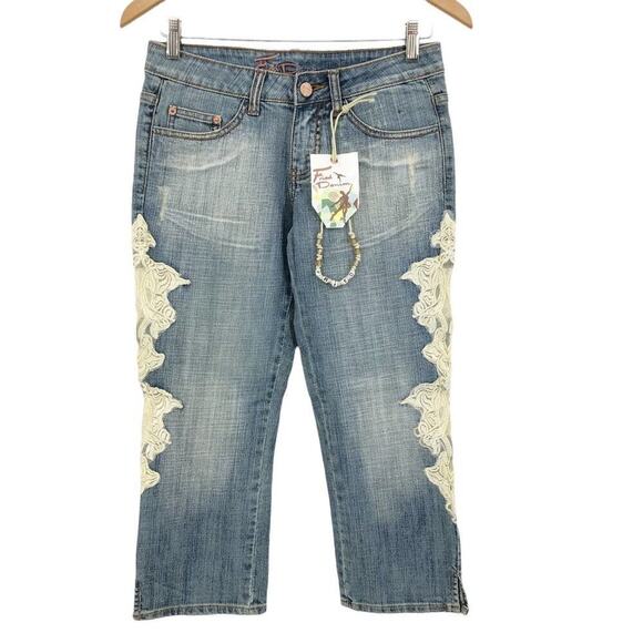 Fried Denim Women's Jeans Size 1/2 Lace Capri Crop Distressed Light Wash Stretch - Picture 1 of 13